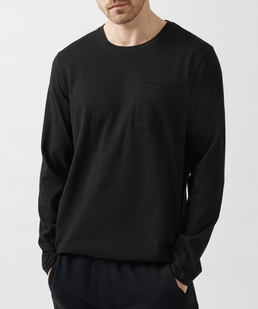 ATM Collection - Men - Black Compact Jersey Oversized Long Sleeve Patch Pocket Crew Neck Tee
