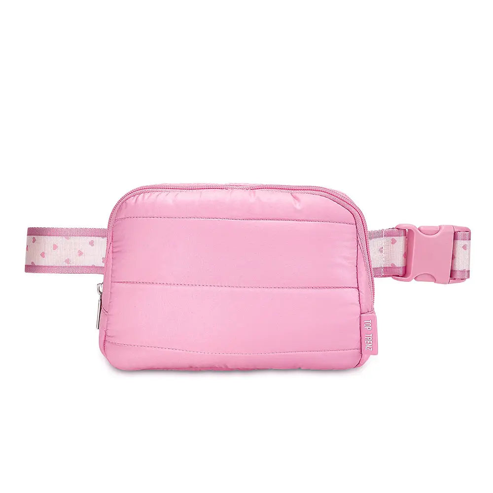 Top Trenz - Pink Puffer Belt Bag With Heart Stripe Strap