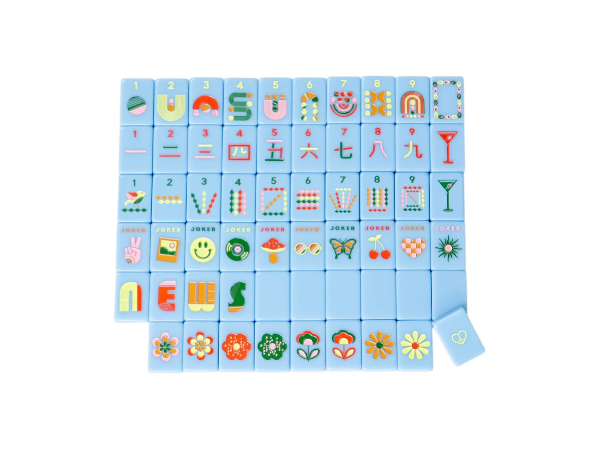 Peace Love Mahjong -  Mod French Blue Mahjong Tiles + Tile Pouch + Dice