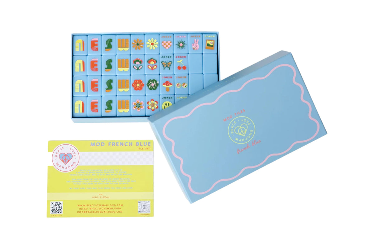 Peace Love Mahjong -  Mod French Blue Mahjong Tiles + Tile Pouch + Dice