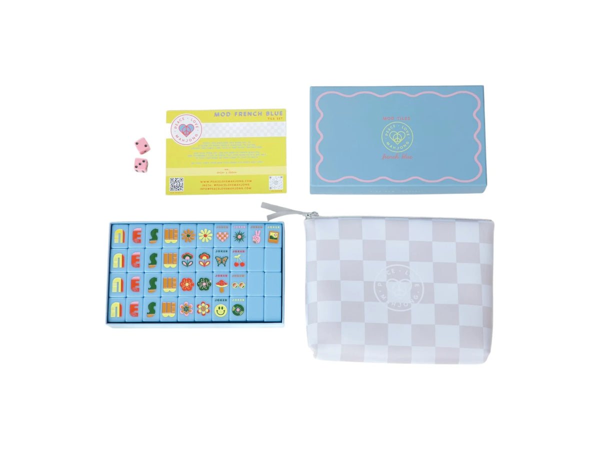 Peace Love Mahjong -  Mod French Blue Mahjong Tiles + Tile Pouch + Dice