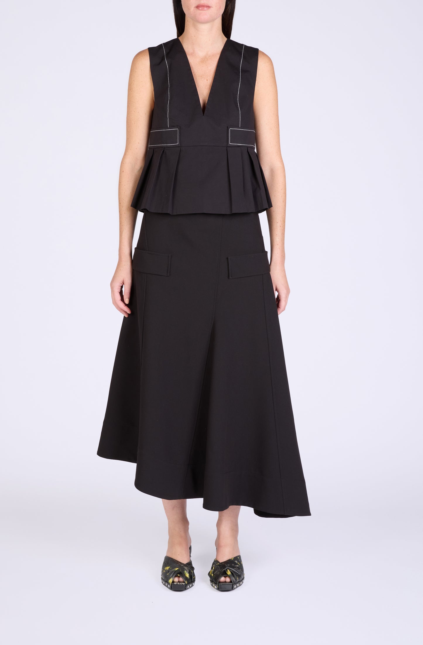 Ganni- Women - Black Stretch Cotton V Neck Pocket Blouse
