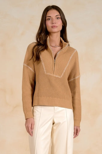 Elan - Women - Tan Contrast Stitch Quarter Zip Sweater