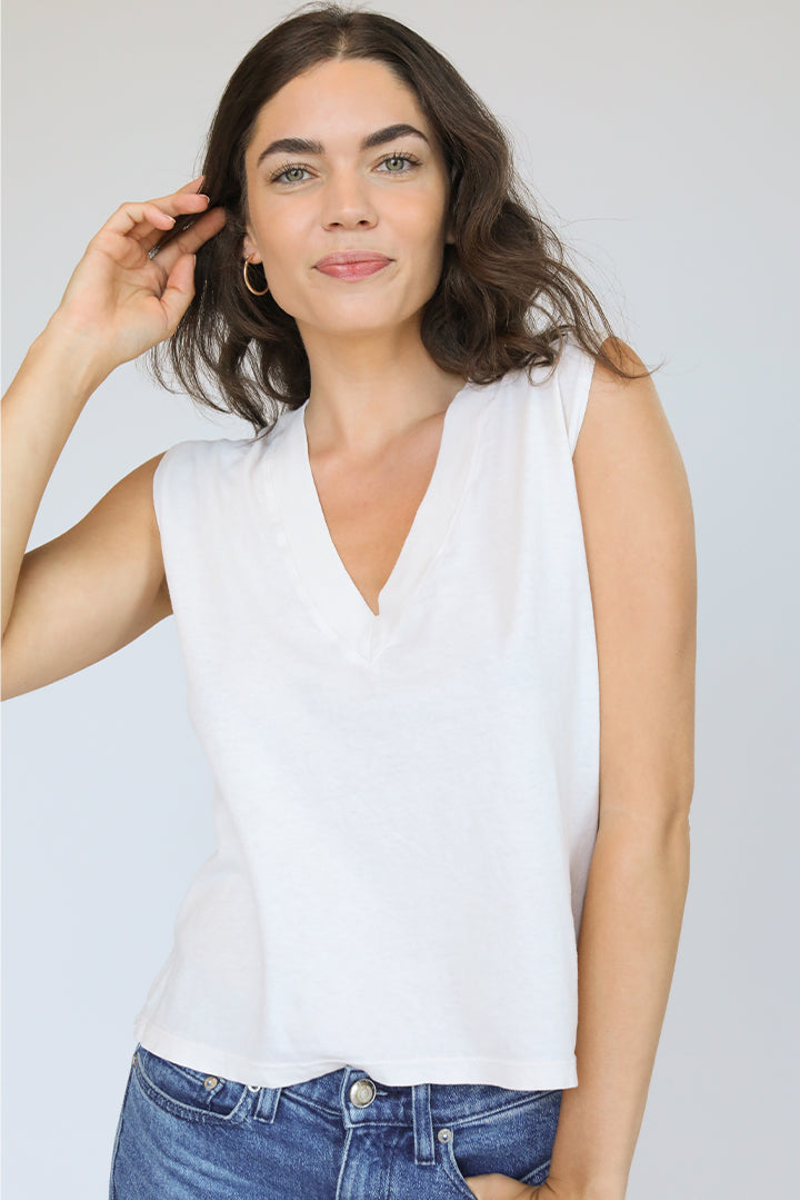 Perfect White Tee - Women - Sugar Margot Cotton V Neck Sleeveless Tee