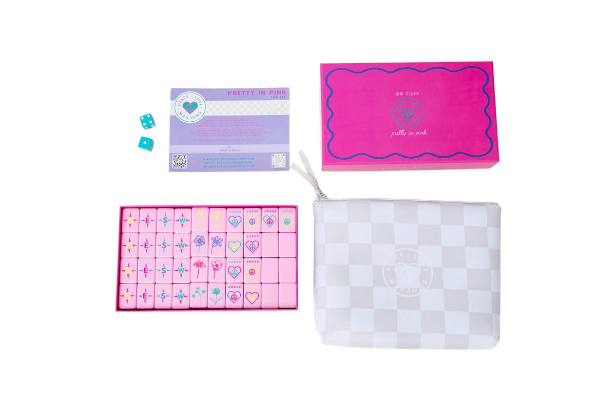 Peace Love Mahjong -  OG Pretty in Pink Mahj Tiles + Tile Pouch + Dice