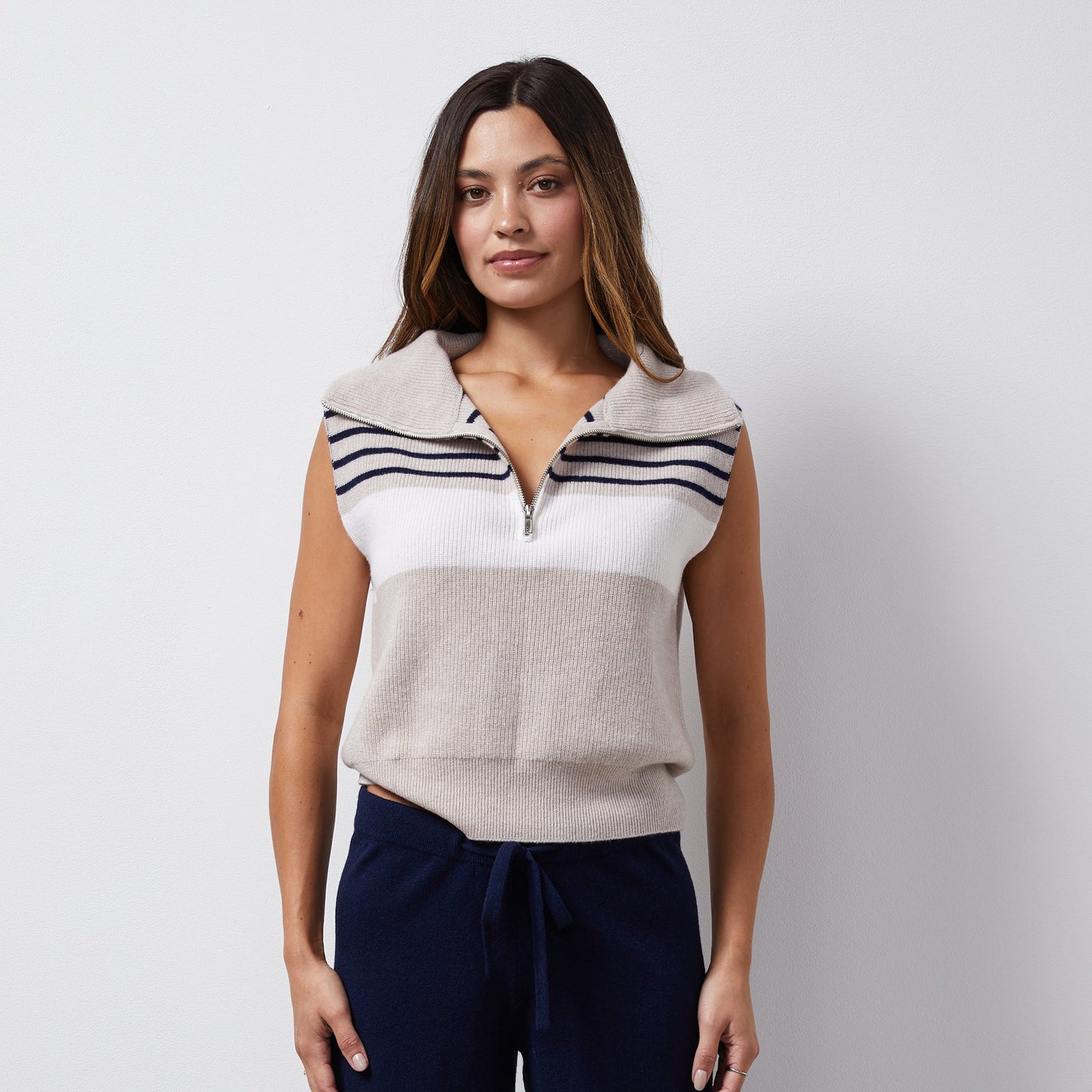Monrow - Women - Oatmeal/Navy Wool Cashmere Stripe Half Zip Vest