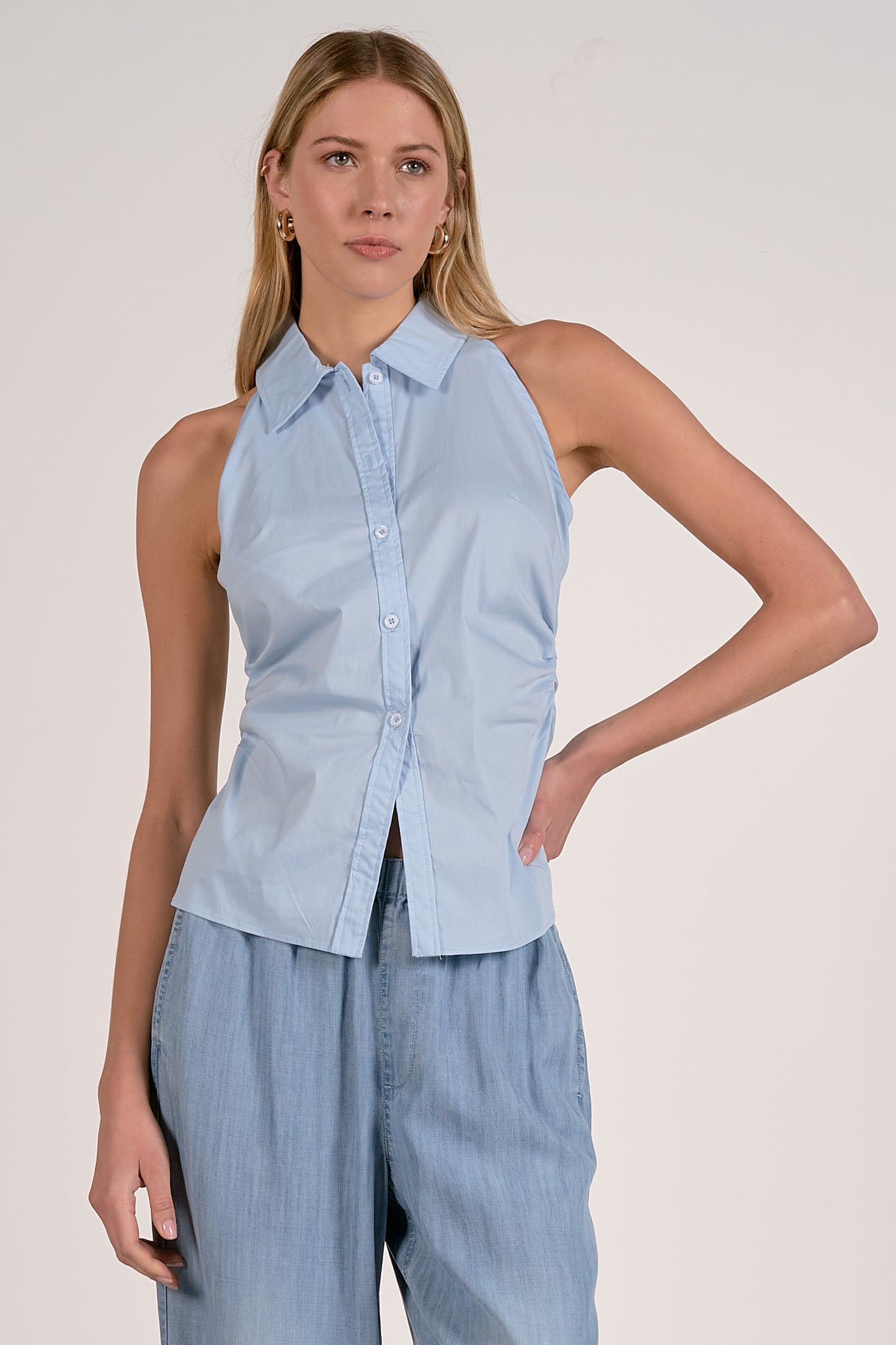 Elan - Women - Light Blue  Sleeveless Collar Top