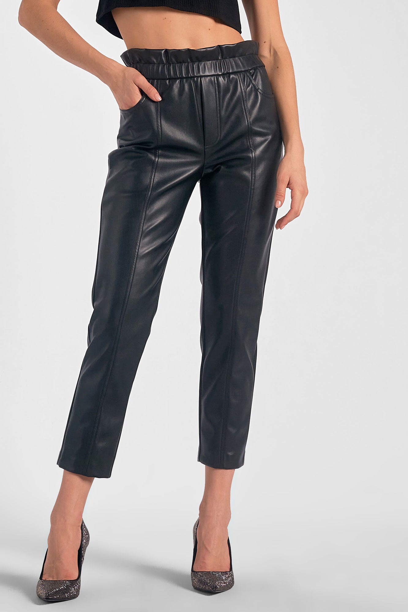 Elan - Women - Black Elastic Ruffle Vegan Leather Pants