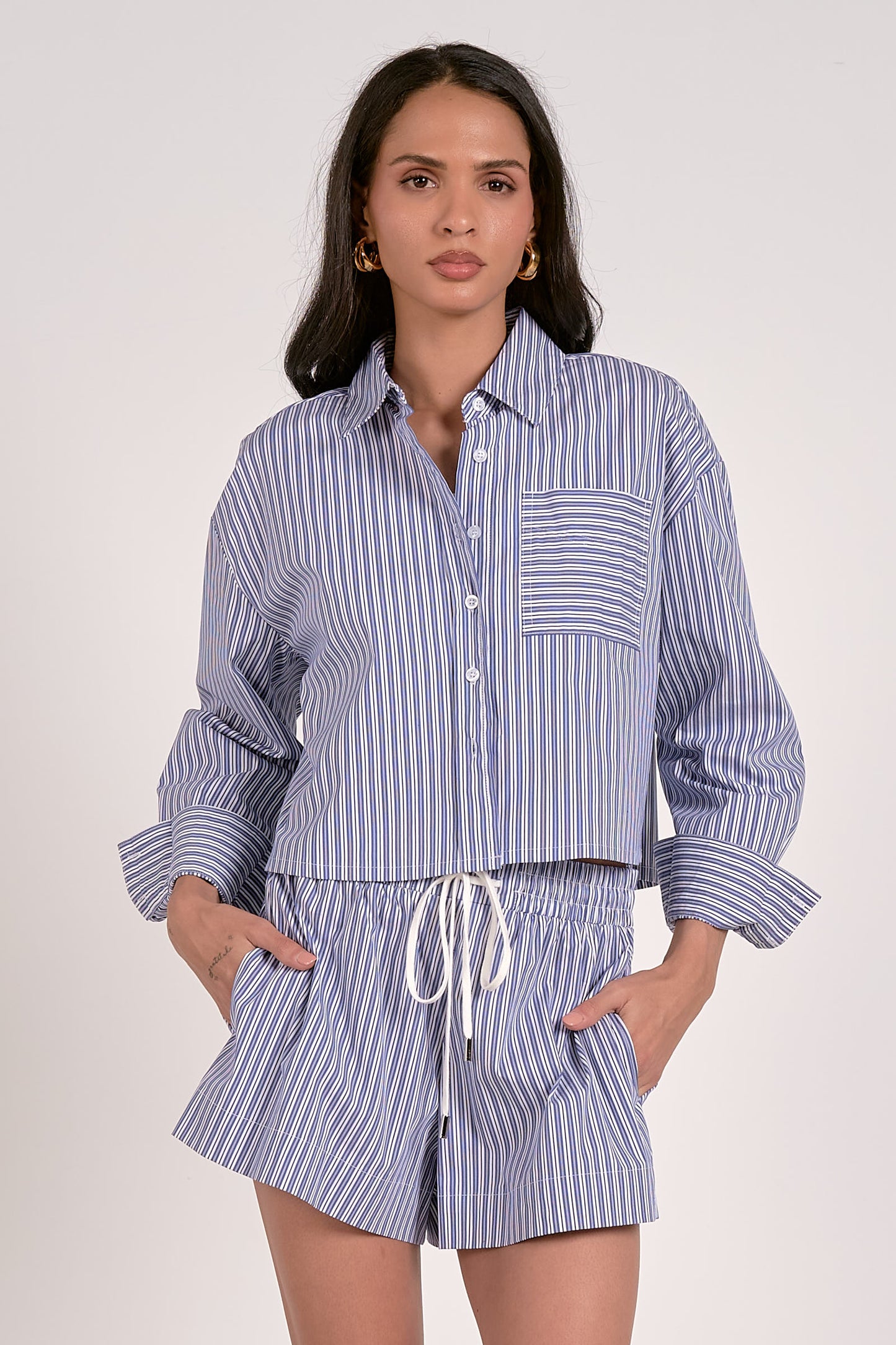 Elan - Women - Navy Stripe Crop Button Down