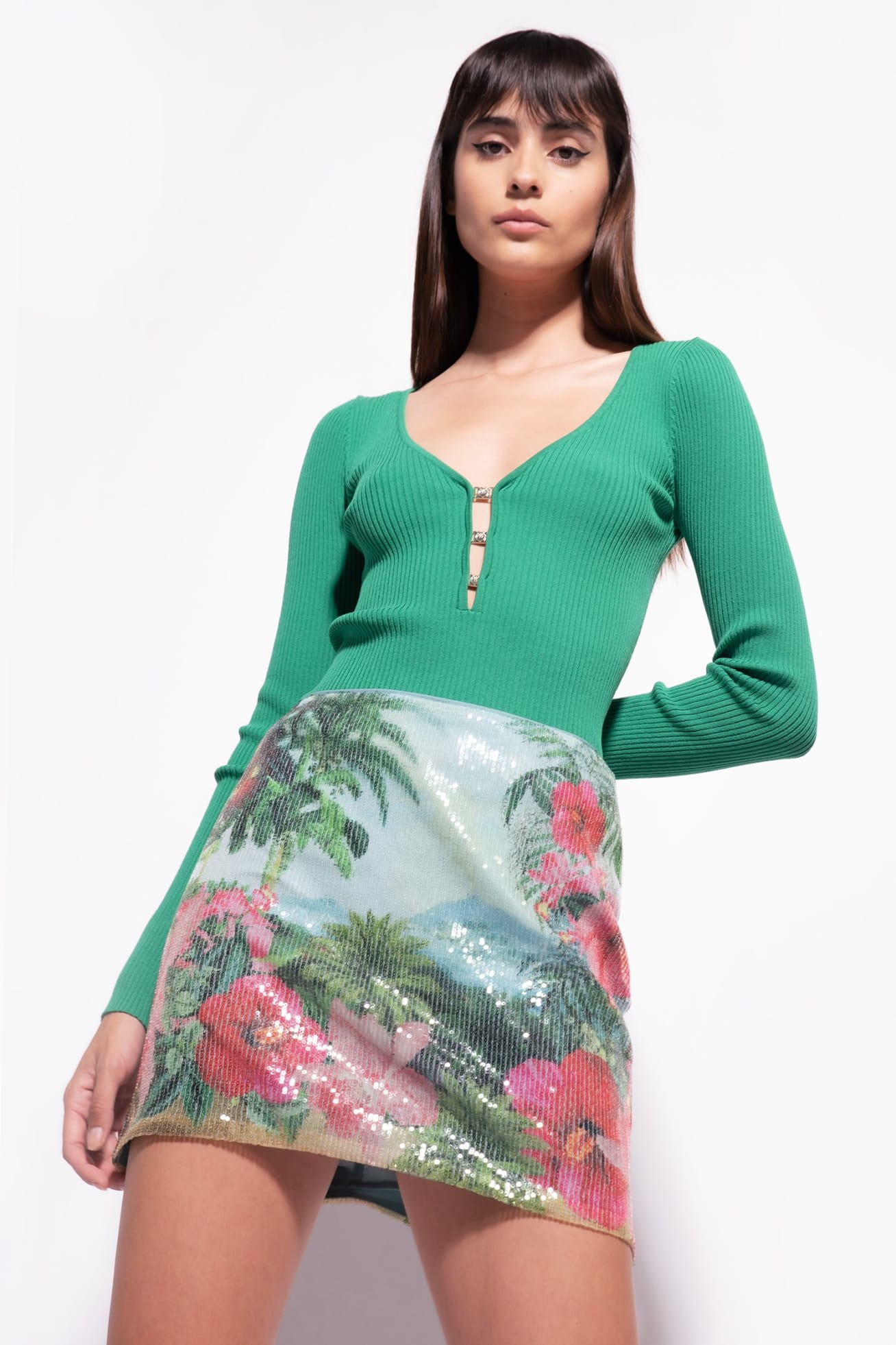 PINKO - Women - Multi Green/Pink Sequined Landscape Mini Skirt