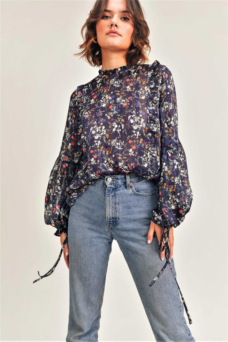 Puff Sleeve Ruffle Detail Floral Top