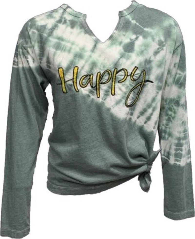 Long Sleeve Tie Dye Tie Side Tee With Happy Embroidery