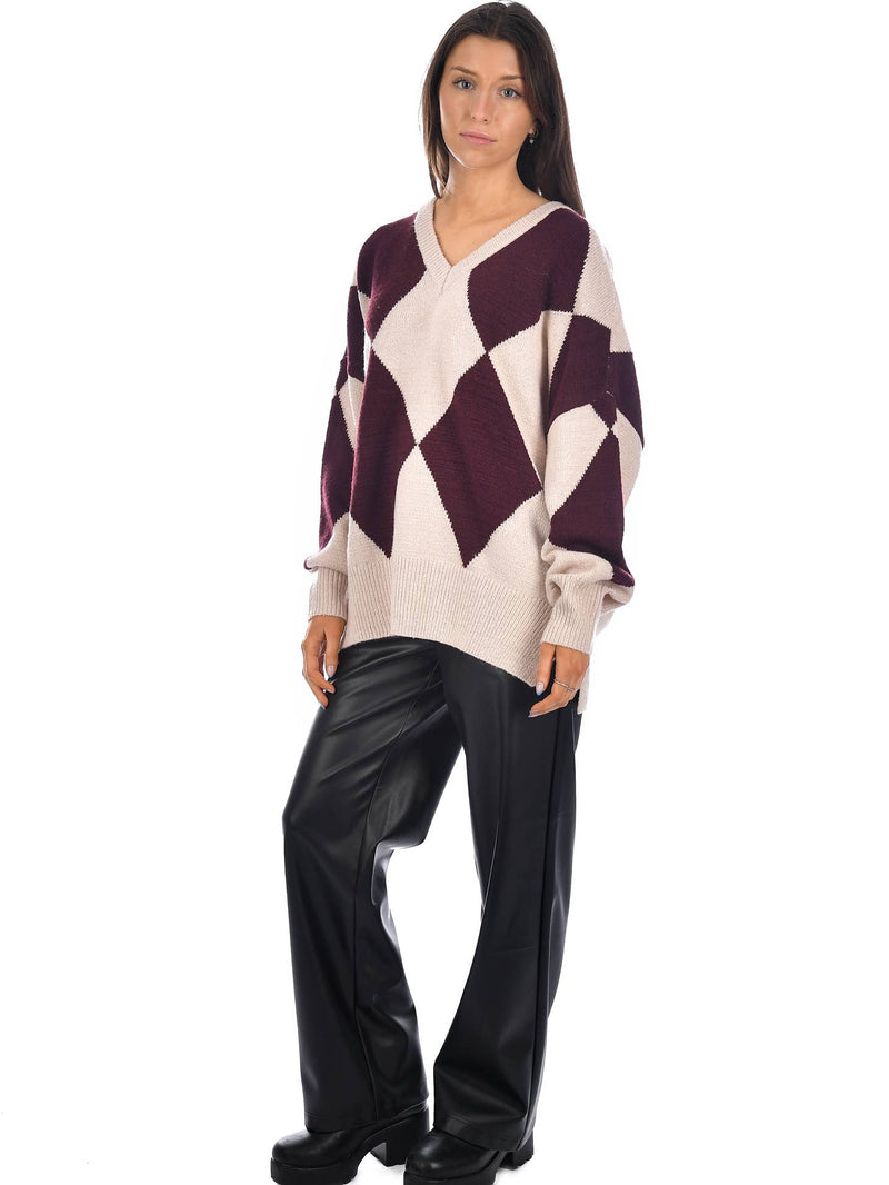 Guys N Gals - Women - Pink Burgundy Maggie Boucle Large Argyle V-neck Sweater