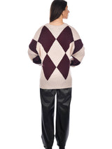 Guys N Gals - Women - Pink Burgundy Maggie Boucle Large Argyle V-neck Sweater