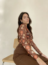 Guys N Gals - Women - Brown - Retro Floral Print Mesh Top