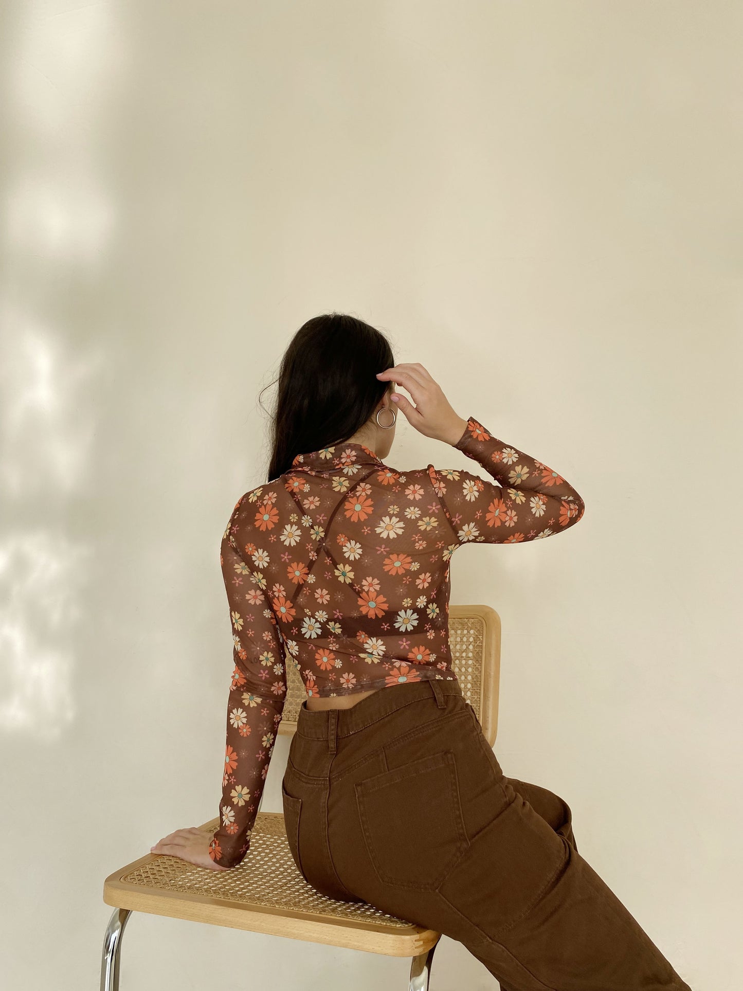 Guys N Gals - Women - Brown - Retro Floral Print Mesh Top